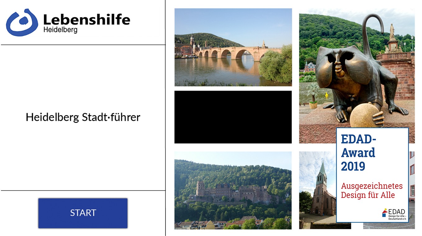 Das Bild zeigt das Titelbild zum Stadtführer 1. Es zeigt die Stationen Alte Brücken, den Brücken Affen, das Schloß und eine Kirche.