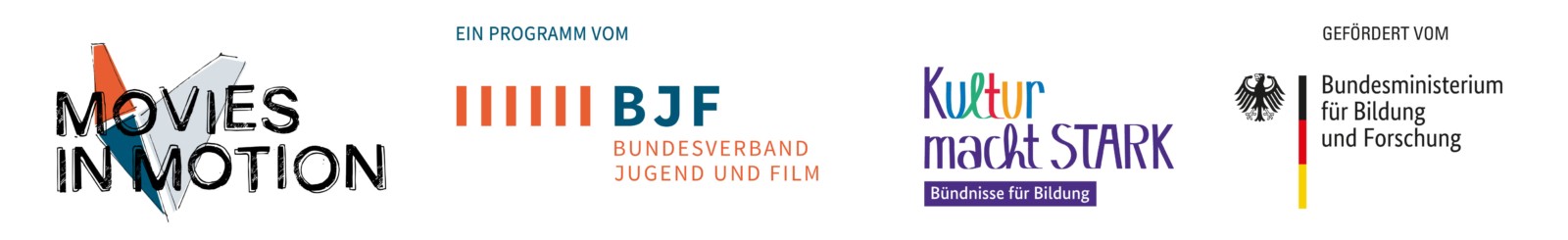 Logo Reihe: Bergkino 4 Logos: 1. Movies in Motion, 2. Ein Program vom BJF Bundesverband Jungend und Film, 3. Kultur macht Stark, Bündnisse für Bildung, 4. Gefördert vom Bundesministerium für Bildung und Forschung.