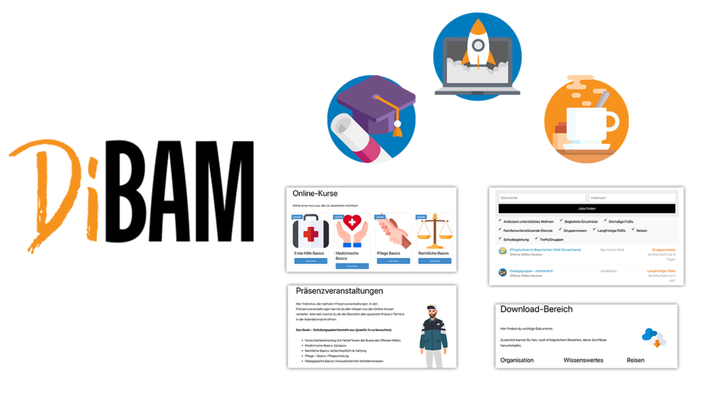 DiBAM Website Preview Eine Vorschau über die DiBam Seite. 1. Logo: DiBaM. Vorschaubild Modul 1 Rechtliche Basics. Fragen und Quiz Folien. Übersicht über Kurse. Übersicht über Präsenzveranstaltungen.
