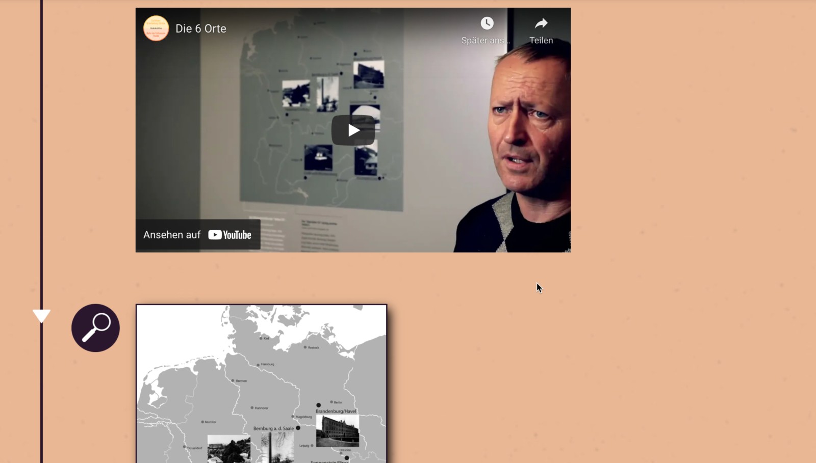 Screenshot Geschichte Inklusiv. Oben sieht man ein Youtube Video. Darauf ist ein Mann neben einer Karte. Auf der Karte sind die 6 Tötungsorte der Euthanasie. Darunter ist eine Bild der selben Karte.
