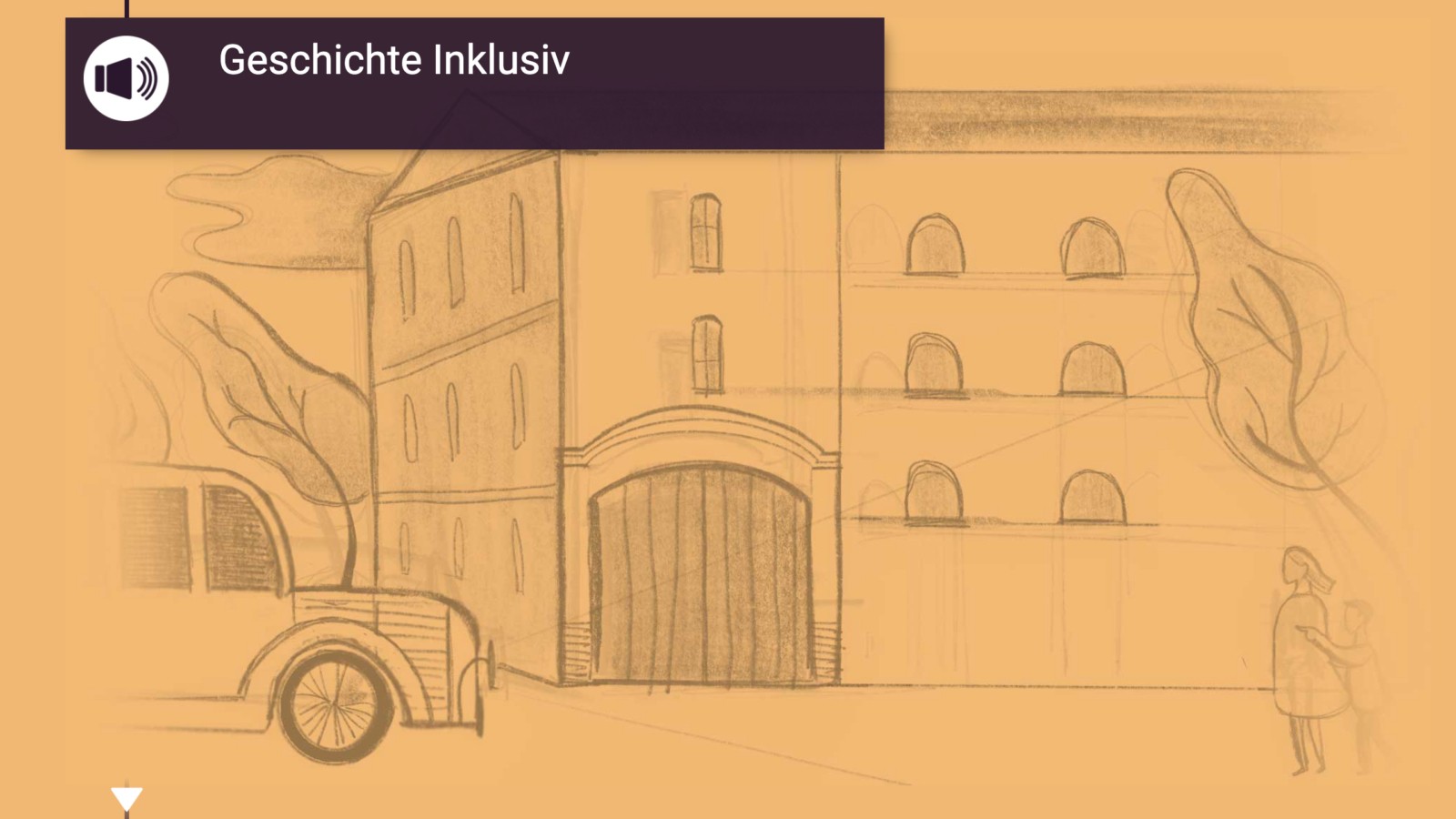 Screenshot: Geschichte Inklusiv. Der Titel der Seite: Geschichte Inklusiv. Es ist eine Skizze zu sehen. Ein Gebäude mit geschlossenen Fenster und ein Bus der ankommt.
