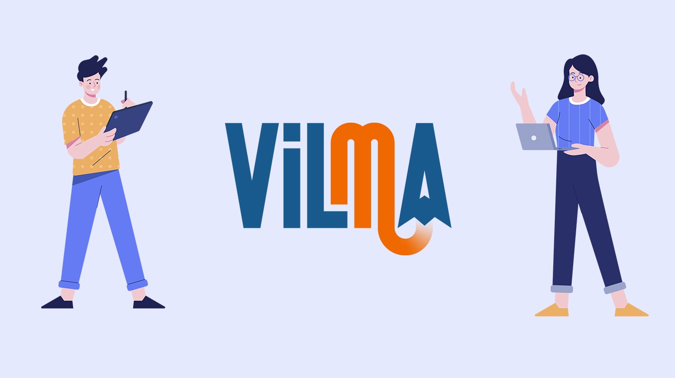 Logo: VILMA Zusätzlich sind 2 gemalte Personen zu sehen. Sie haben technische Geräte in der Hand: ein Tablet und ein Laptop.