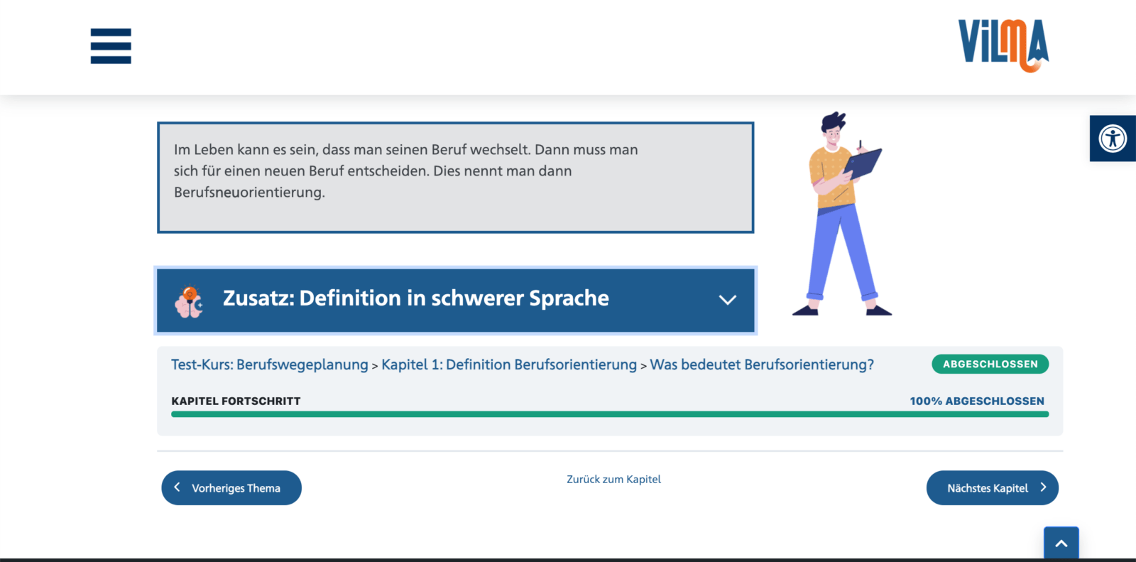 Screenshot der E-Learning Plattform Vilma: Links ist Content. Text steht in einer blauen Box. Darunter ist ein Drop-Down Menü: Definition in Schwerer Sprache. Rechts ist in klein eine gezeichnete Person.