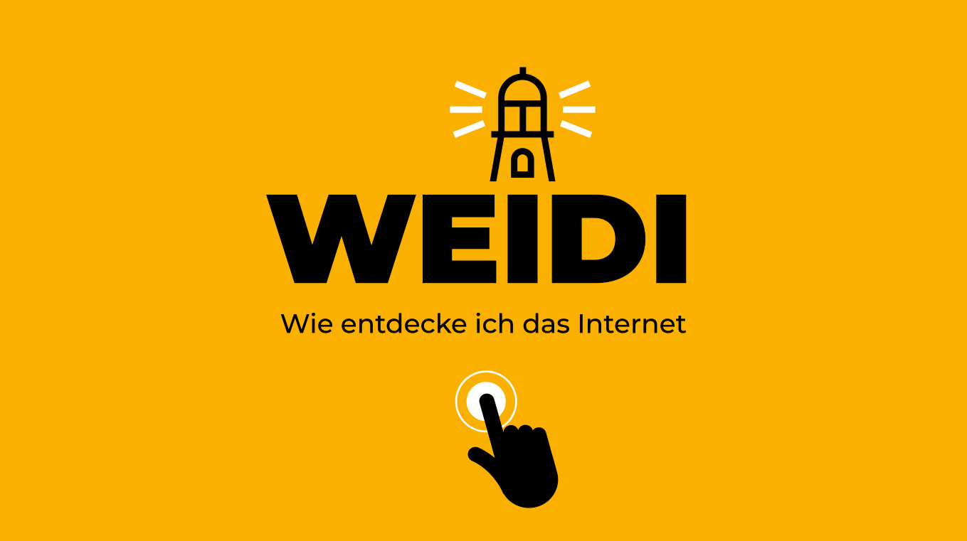 Das Logo von WEIDI: Ein Leuchturm, darunter steht Wie entdecke ich das Internet. Darunter ist eine gezeichnete Hand, sie macht die Tipp-Geste für iPads