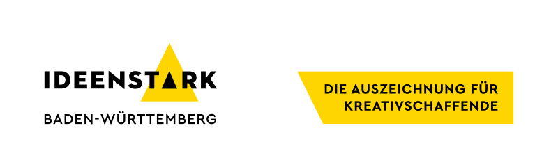 IDEENSTARK – Logo -Auszeichnung Logo: IdeenStark Baden-Württemberg, Text neben dem Logo: Die Auszeichnung für Kreativschaffende
