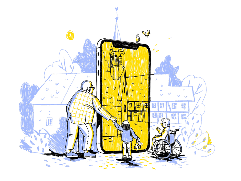 Illustration: Drei Personen stehen vor einem übergroßen Smartphone, das den Turm und die Fassade eines historischen Gebäudes zeigt. Links führt eine ältere Person ein Kind an der Hand, rechts sitzt eine Person im Rollstuhl und blickt zur Szene. Im Hintergrund sind Häuser und Bäume skizziert, zwei Vögel fliegen über dem Smartphone.