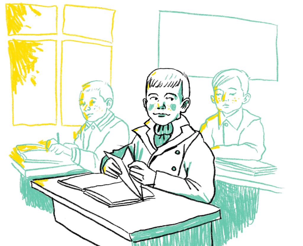 Illustration von drei Kindern, die jeweils an einer Schulbank sitzen. Der Junge in der Mitte im Vordergrund hat ein Buch offen vor sich liegen und hält einen Papierflieger in der Hand.