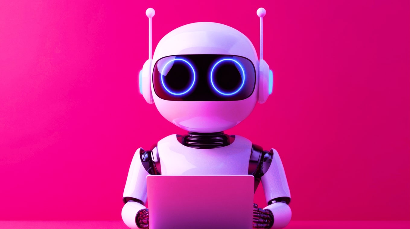 3D Rendering: Ein kleiner weißer Roboter mit rundem Kopf, leuchtenden blauen Augen und zwei Antennen sitzt vor einem Laptop. Der Hintergrund ist vollständig pink.