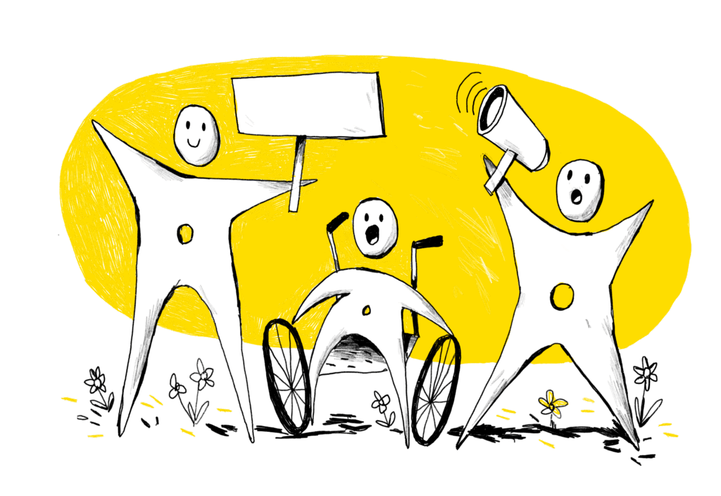 Illustration: Drei stilisierte Figuren, eine davon im Rollstuhl, sind vor einem gelben Hintergrund. Die linke Figur hält ein leeres Schild hoch, die mittlere Figur sitzt im Rollstuhl mit erhobenen Armen, die rechte Figur hält ein Megafon. Kleine gezeichnete Blumen stehen auf dem Boden.